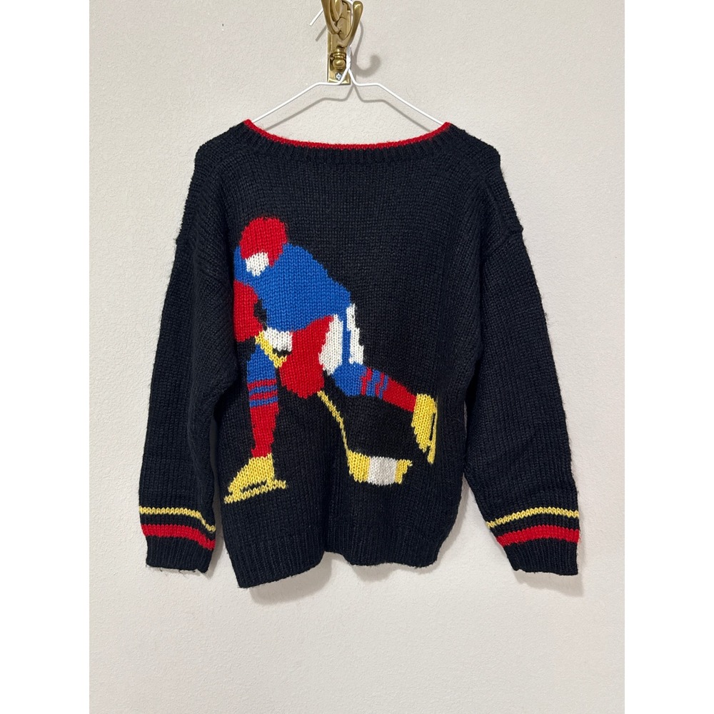 Vintage Handknit Hockey Sweater Women Large Black V-Neck Intarsia Graphic Knit